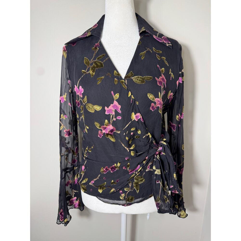 Vintage 90s Y2K Alexandra Bartlett Silk Wrap Blouse Flare Sleeve Small